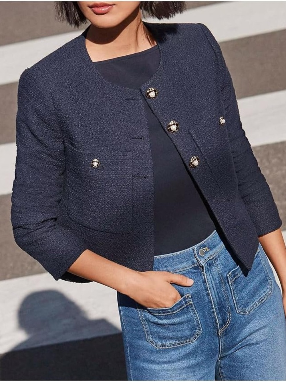 NWT Ann Taylor Navy Blue Tailored Cropped Blazer Pearl Gold Flower Buttons, 4P